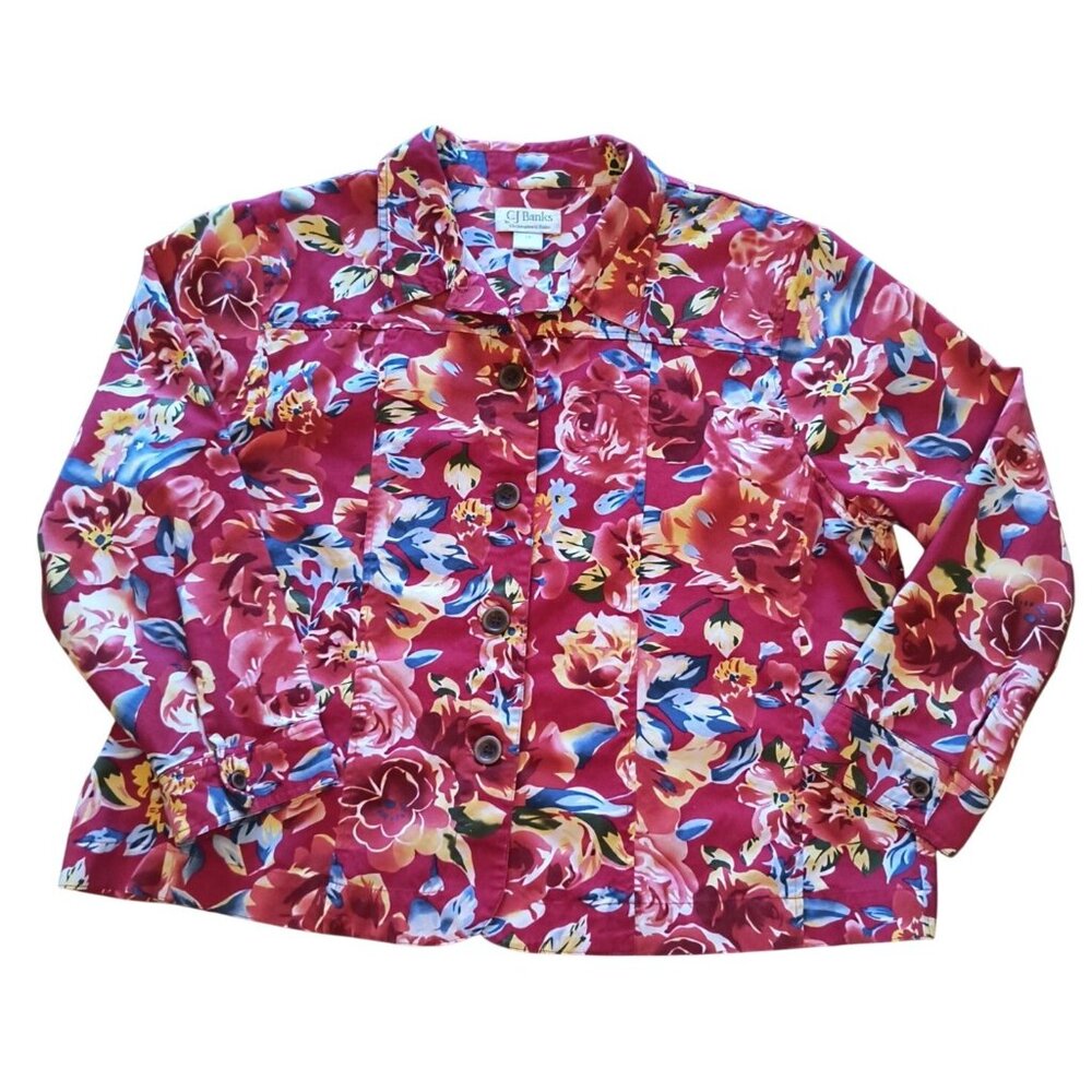 CJ Banks 2X Red Floral Cotton Button Jacket Lightweight Summer Spring